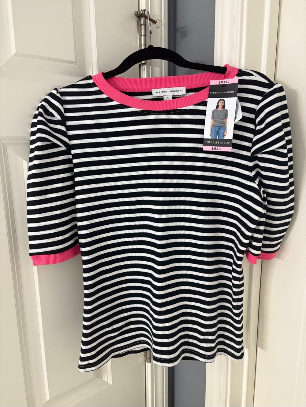 Rebecca Minkoff Black & White Striped Puff Sleeve Top with Pink Trim